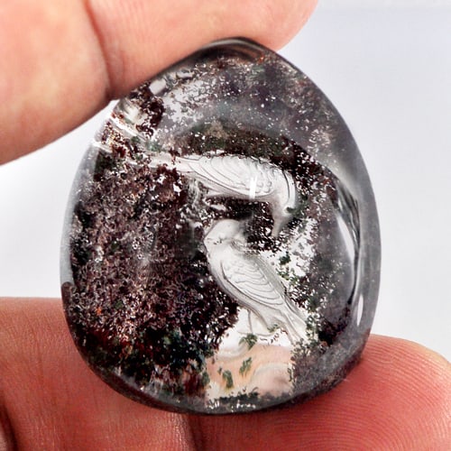 Natural Inner Moss Brown White Quartz 125.00 Ct. Carving Birds Pear Cabochon Shape 36 x 30 Mm (1 of 3)