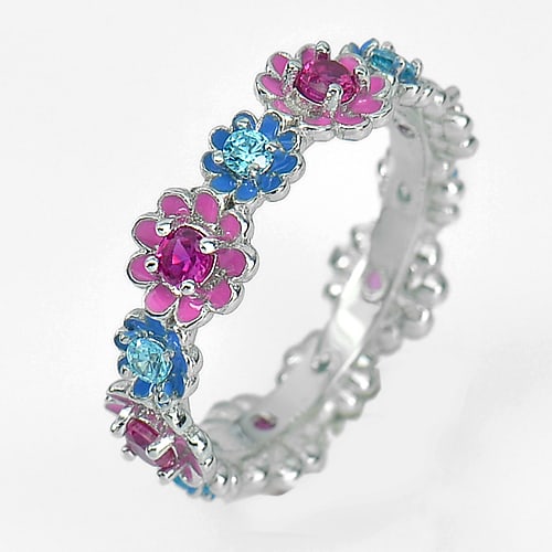 925 Sterling Silver Jewelry Ring Size 6.5 Flower Enamel with CZ 3.22 Grams (1 of 3)