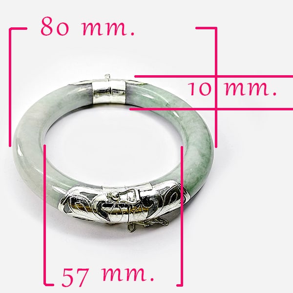Natural Green Jade 400.59 Ct. Bangle Round Shape with Real Silver: Product ID: 818102577 Product Name: Natural Gemstones Weight: 400.59 CT. Size: 80 x 57 x 10 MM. Shape: Round Cabochon Color: Green White Clarity:Opaque Luster: Good Gems Origin: Thailand Treatment: Un