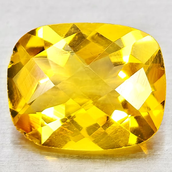 Natural Yellow Citrine 2.27 Ct. Cushion Checkerboard Cut 10.1 x 8.1 Mm. Gemstone From Brazil: Product ID: 801815167 Product Name: Natural Citrine Weight: 2.27 CT. Size: 10.1 x 8.1 x 5 MM. Shape: Cushion Checkerboard Cut Color: Yellow Clarity:VVS - VSI Luster: Good Gems Origin: Brazil Treatment