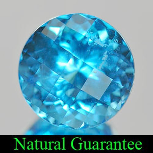 Natural Swiss Blue Topaz 7.50 Ct. Round Checkerboard Cut 11.4 Mm Gemstone From Brazil: Product ID: 807148356 Product Name: Natural Blue Topaz Weight: 7.50 CT. Size: 11.4 x 11.4 x 8.6 MM. Shape: Round Checkerboard Color: Swiss Blue Clarity:VSI Luster: Good Gems Origin: Brazil Treatment: