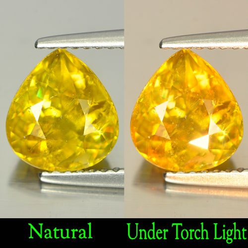 Natural Multi Color Titanium With Rainbow Spark Sphene 2.53 Ct. Pear Shape 8.9 x 8 Mm Gemstone from: Product ID: 806506299 Product Name: Natural Sphene Weight: 2.53 CT. Size: 8.9 x 8 x 5.3 MM. Shape: Pear Color: Multi Color With Rainbow Spark Clarity:SI Luster: Adamantine Gems Origin: Madagascar Trea