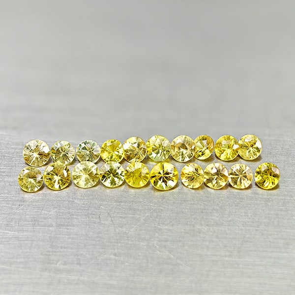 Natural Yellow Songea Sapphire 1.74 Ct. 20 Pcs Round Diamond Cut 2.7 Mm Gemstone from Tanzania: Product ID: 806161957 Product Name: Natural Orange Sapphire Weight: 1.74 CT. Size: 2.7 x 2.7 x 1.6 MM. Shape: Round Diamond Cut Color: Yellow Clarity:VSI Luster: Good Gems Origin: Tanzania Treatment: