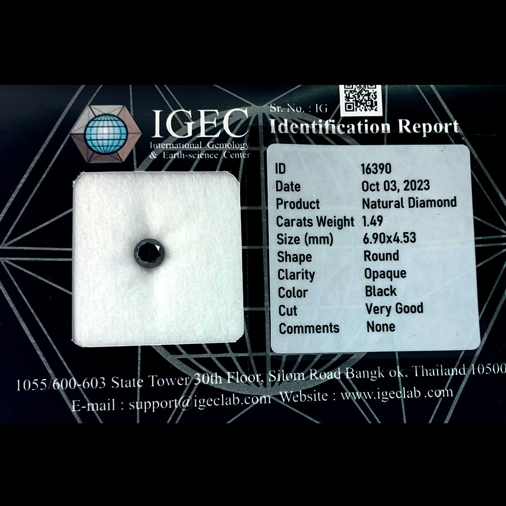 Natural Black Diamond 1.49 Ct. Round Brilliant Cut 6.90 x 4.53 Mm.: Product ID: 502100032 Product Name: Natural Enhanced Diamond Weight: 1.49 CT. Size: 6.90 x 4.53 MM. Shape: Round Brilliant Cut Color: black Clarity:Opaque Luster: Good Gems Origin: Belgium Treatment: