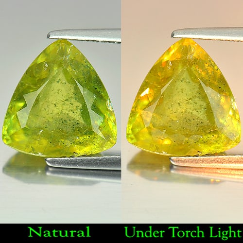 Natural Intense Green Sphene Red Spark 5.33 Ct. Trilliant Shape 11.6 x 11.5 Mm Gemstone from: Product ID: 806504600 Product Name: Natural Sphene Weight: 5.33 CT. Size: 11.6 x 11.5 x 5.2 MM. Shape: Trilliant Color: Intense Green With Red Spark Clarity:VSI - SI Luster: Adamantine Gems Origin: Ma