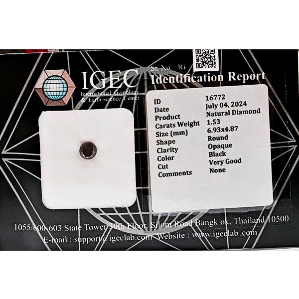 Natural Black Diamond 1.53 Ct. Round Brilliant Cut 6.93 x 4.87 Mm.: Product ID: 502100414 Product Name: Natural Enhanced Diamond Weight: 1.53 CT. Size: 6.93 x 4.87 MM. Shape: Round Color: black Clarity:Opaque Luster: Very Good Gems Origin: Belgium Treatment: None Crys