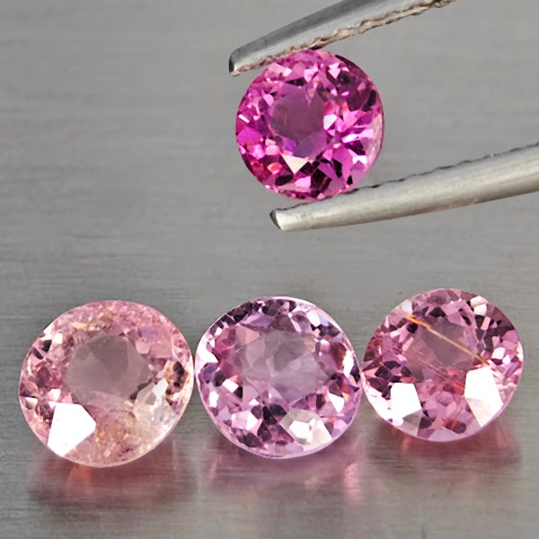 Natural Pink Tourmaline Gemstones 2.58 Ct. 4 Pcs Round Shape Mixed Size: Product ID: 807251459 Product Name: Natural Tourmaline Weight: 2.58 CT. Size: 5.5 x 5.5 x 3.2 to 5.1 x 5.1 x 4.1 MM. Shape: Round Shape Color: Pink Clarity:SI1 Luster: Good Gems Origin: Nigeria Treatm