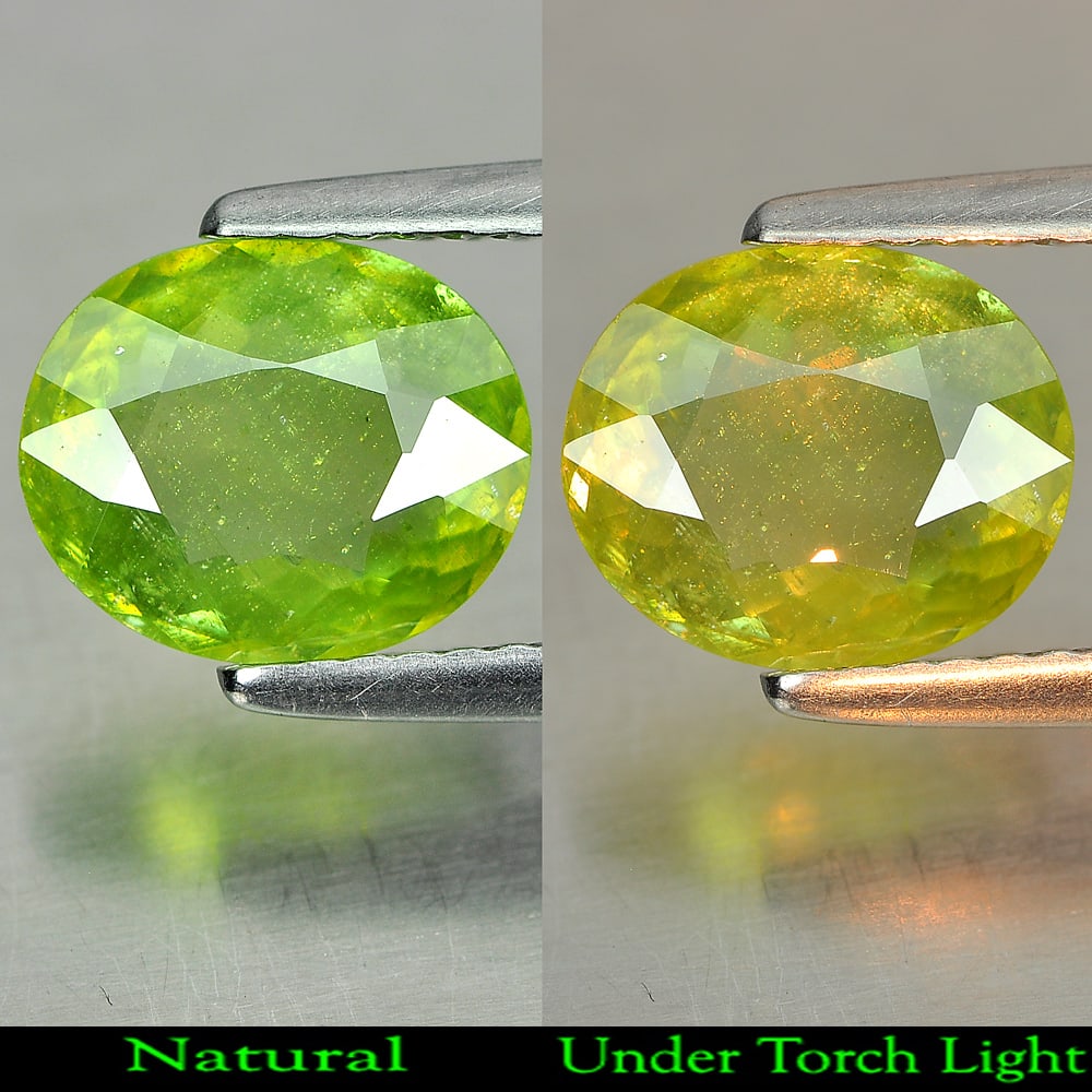 Natural Green Titanium Sphene With Rainbow Spark 1.50 Ct. Oval Shape 9 x 7.5 Mm Gemstone from: Product ID: 806507858 Product Name: Natural Sphene Weight: 1.50 CT. Size: 9 x 7.5 x 2.8 MM. Shape: Oval Color: Green With Rainbow Spark Clarity:SI1 Luster: Adamantine Gems Origin: Madagascar Treatment