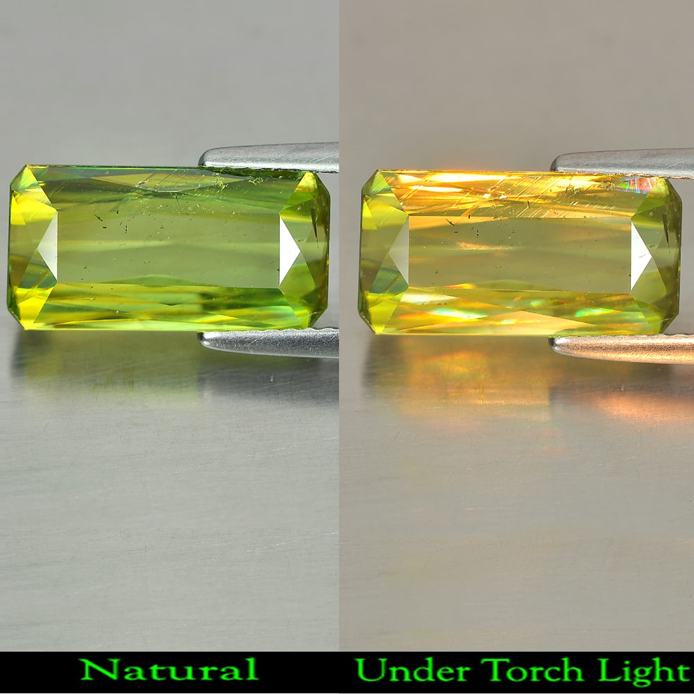 Natural Green With Rainbow Spark Sphene 5.09 Ct. Octagon Shape 14.6 x 7.5 Mm Gemstone from: Product ID: 806507986 Product Name: Natural Sphene Weight: 5.09 CT. Size: 14.6 x 7.5 x 4 MM. Shape: Octagon Color: Green With Rainbow Spark Clarity:VSI Luster: Adamantine Gems Origin: Madagascar Treat