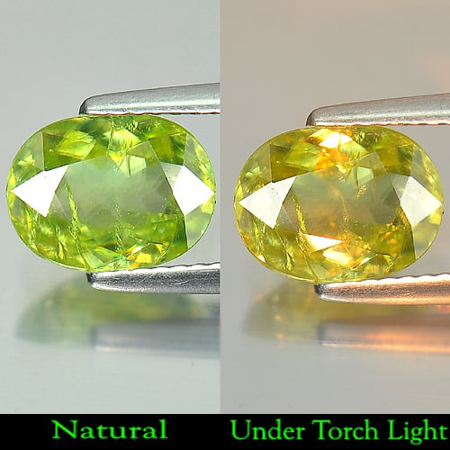 Natural Yellowish Green Titanium Sphene With Rainbow Spark 2.02 Ct. Oval Shape: Product ID: 806506076 Product Name: Natural Sphene Weight: 2.02 CT. Size: 9.5 x 7.1 x 3.6 MM. Shape: Oval Color: Intense Yellowish Green Titanium With Rainbow Clarity:SI Luster: Adamantine Gems Origin