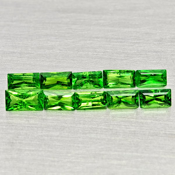 Natural Green Tsavorite Garnet Gemstones 1.42 Ct. 10 Pcs. Baguette Shape 3.7 x 2.1 Mm.: Product ID: 803005027 Product Name: Natural Tsavorite Weight: 1.42 CT. Size: 3.7 x 2.1 x 1.7 to 4.7 x 2.5 x 1.7 MM. Shape: Baguette Color: Green Clarity:SI1 Luster: Good Gems Origin: Tanzania Treatmen