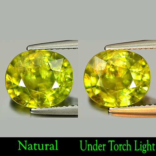 Natural Intense Yellowish Green Titanium Sphene Gemstones With Rainbow Spark 3.28 Ct. Oval Shape 10: Product ID: 806505766 Product Name: Natural Sphene Weight: 3.28 CT. Size: 10 x 8.7 x 5 MM. Shape: Oval Color: Intense Yellowish Green Titanium With Rainbow Clarity:SI Luster: Good Gems Origin: Madagas