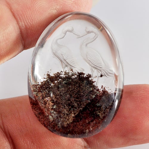 Natural Moss Quartz Gemstones Birds Carving Inner 75 Ct. Pear Cabochon: Product ID: 805527058 Product Name: Natural Quartz Weight: 75.00 CT. Size: 34 x 25 x 15 MM. Shape: Pear Cabochon Color: White Clarity:Semi - Transparent Luster: Good Gems Origin: Thailand Treatment: U