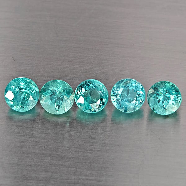 Natural Paraiba Color Apatite Gemstones 3.36 Ct. 5 Pcs. Round Shape 5.4 Mm.: Product ID: 800613768 Product Name: Natural Apatite Weight: 3.36 CT. Size: 5.4 x 5.4 x 4.1 MM. Shape: Round Color: Paraiba Color Clarity:SI1 Luster: Good Gems Origin: Tanzania Treatment: Unheated Crys