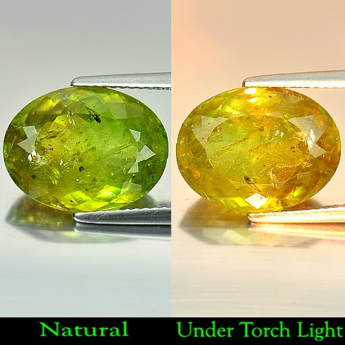 Natural Green Titanium Sphene Red Spark 9.53 Ct. Oval Shape 15.2 x 11.7 Mm.: Product ID: 806504597 Product Name: Natural Sphene Weight: 9.53 CT. Size: 15.2 x 11.7 x 6.5 MM. Shape: Oval Color: Intense Green With Red Spark Clarity:VSI - SI Luster: Adamantine Gems Origin: Madagas