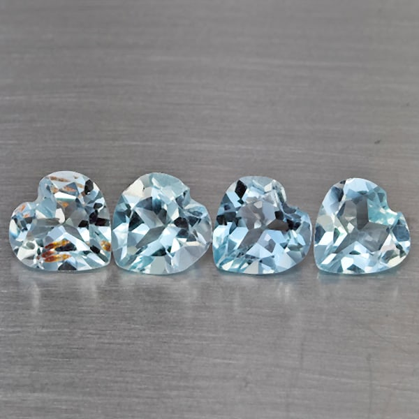 Natural Baby Blue Topaz Gemstones 3.17 Ct. 4 Pcs. Heart Shape 6.1 Mm.: Product ID: 807168985 Product Name: Natural Blue Topaz Weight: 3.17 CT. Size: 6.1 x 6.1 x 3.6 MM. Shape: Heart Shape Color: Baby Blue Clarity:SI1 Luster: Good Gems Origin: Brazil Treatment: Treated Cr