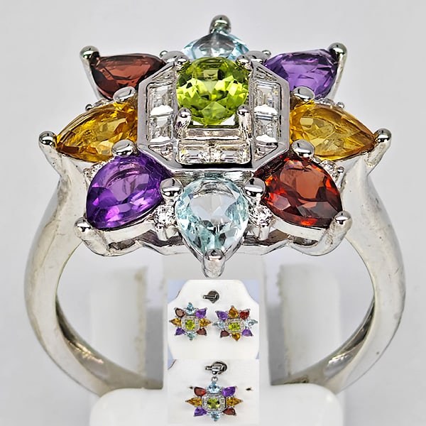 Natural Mix Gemstone Real 925 Sterling Silver Set Jewelry 13.75 Grams Ring Size 8: Product ID: 808500289 Product Type: 925 Sterling Silver Fine Jewelry Jewelry Weight: 13.75 Grams. Gemstones Color: Multi-Color Metal: Solid Silver 92.5%. Gemstone Detail: Topaz At Your Service: At Tre