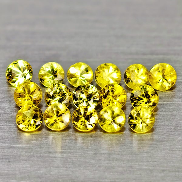 Natural Yellow Sapphire Gemstones 1.00 Ct. 16 Pcs. Round Diamond Cut 2.4 Mm.: Product ID: 806162323 Product Name: Natural Yellow Sapphire Weight: 1.00 CT. Size: 2.4 x 2.4 x 1.5 MM. Shape: Round Diamond Cut Color: Yellow Clarity:VSI - SI1 Luster: Good Gems Origin: Thailand Treat