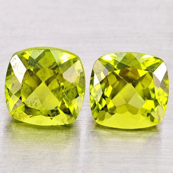 Natural Green Peridot Gemstones 2.71 Ct. 2 Pcs. Cushion Shape 6.3 to 4.5 Mm.: Product ID: 805317365 Product Name: Natural Peridot Weight: 2.71 CT. Size: 6.3 x 6.3 x 5 to 6.2 x 6.2 x 4.5 MM. Shape: Cushion Shape Color: Green Clarity:VSI Luster: Good Gems Origin: Pakistan Treatme