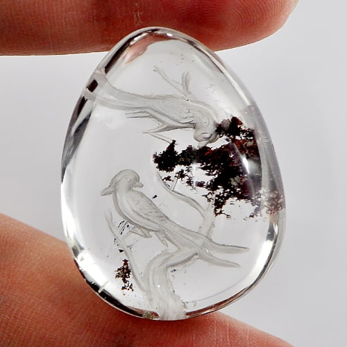 Natural Birds Carving Inner Moss Quartz Gemstones 100.00 Ct. Pear Cabochon 31 x 26 Mm.: Product ID: 805527076 Product Name: Natural Quartz Weight: 100.00 CT. Size: 31 x 26 x 15 MM. Shape: Pear Cabochon Color: White Clarity:Semi - Transparent Luster: Good Gems Origin: Thailand Treatment: 