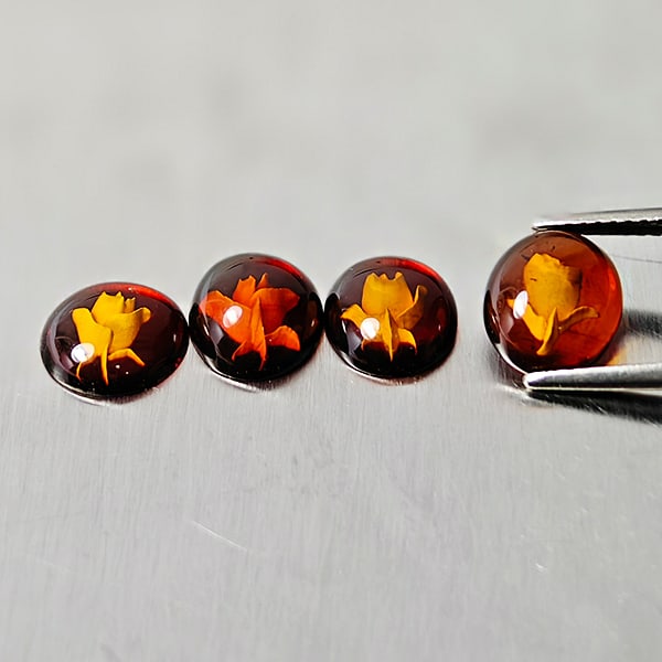 Natural Brown Yellow Amber Gemstones 2.35 Ct. 4 Pcs. Carving With Flowers Three 9.1 x 7.8 Mm. (1 of 3)