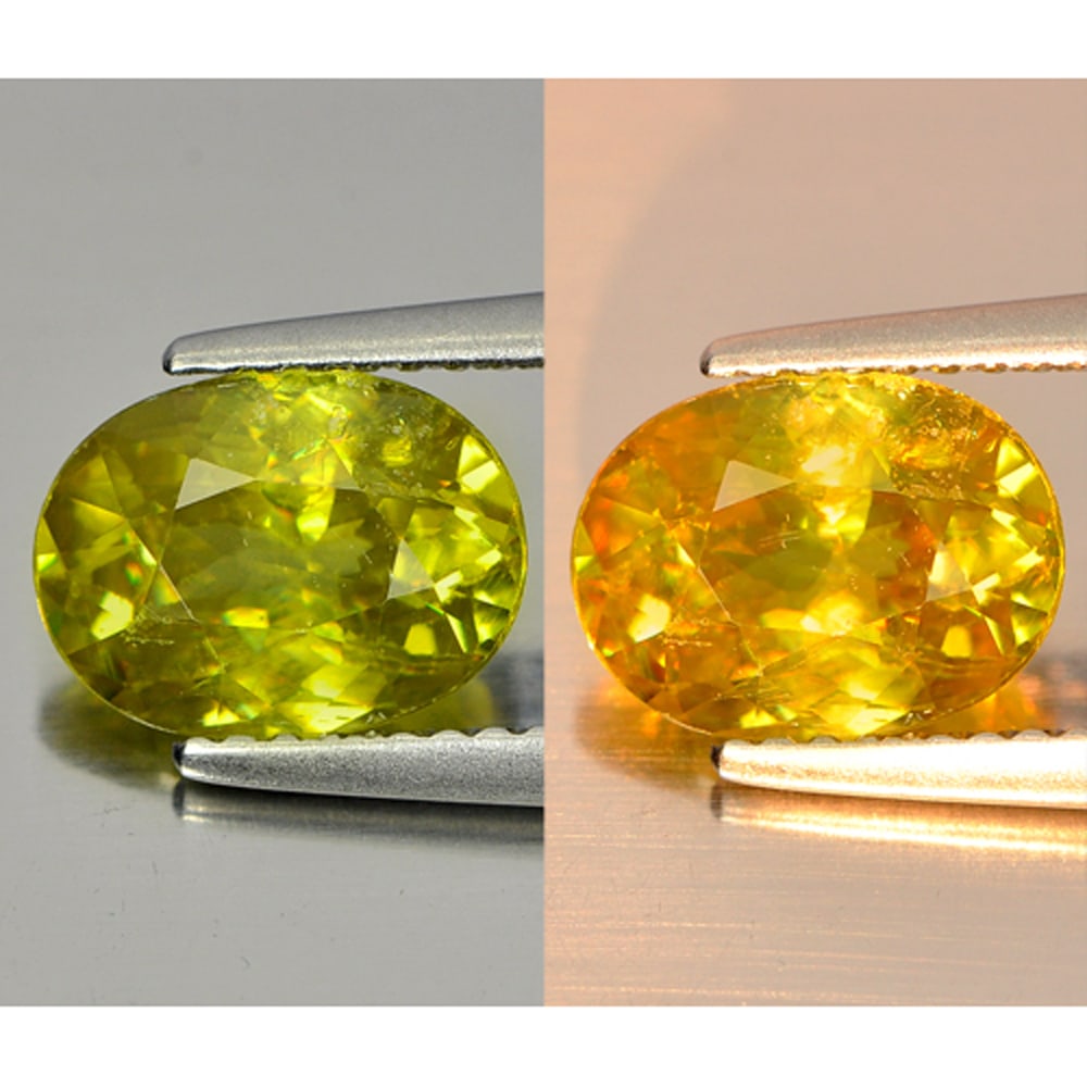 Natural Multi Color With Rainbow Spark Sphene Gemstones 2.09 Ct. Oval Shape 9.2 x 6.9 Mm.: Product ID: 806505858 Product Name: Natural Sphene Weight: 2.09 CT. Size: 9.2 x 6.9 x 4.5 MM. Shape: Oval Color: Multi-Color Clarity:VSI Luster: Adamantine Gems Origin: Madagascar Treatment: Unheated 