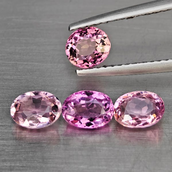 Natural Pink Tourmaline Gemstones 2.39 Ct. 4 Pcs Oval Shape Mixed Size: Product ID: 807251545 Product Name: Natural Tourmaline Weight: 2.39 CT. Size: 6 x 4.5 x 3.4 to 5.5 x 4.9 x 3.6 MM. Shape: Oval Shape Color: Pink Clarity:VSI Luster: Good Gems Origin: Nigeria Treatment