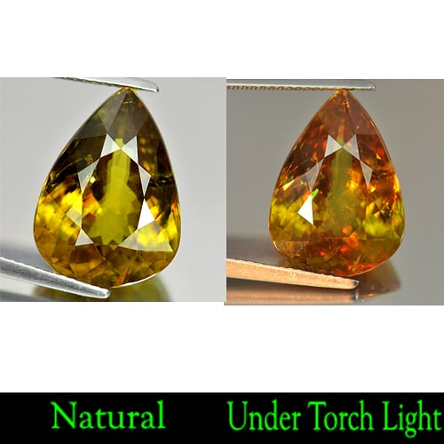 Natural Multi Color Titanium Sphene Gemstones Rainbow Spark 12.23 Ct. Pear Shape 17.9 x 12.9 Mm.: Product ID: 806503827 Product Name: Natural Sphene Weight: 12.23 CT. Size: 17.9 x 12.9 x 7.7 MM. Shape: Pear Color: Multi Color Titanium Sphene Rainbow Spark Clarity:SI Luster: Adamantine Gems Origin: