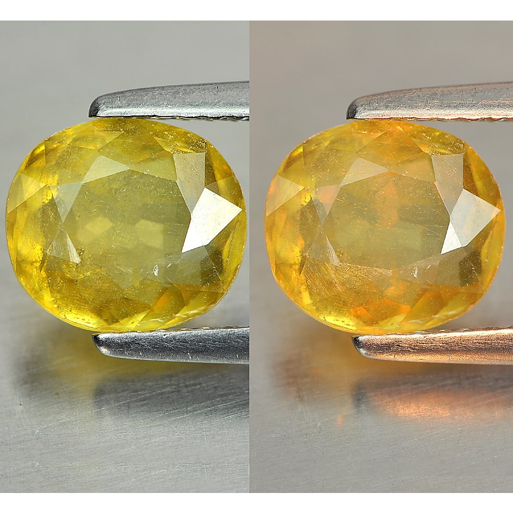 Natural Yellow Titanium Sphene Gemstones With Rainbow Spark 1.79 Ct. Oval Shape 8.3 x 7.4 Mm.: Product ID: 806507828 Product Name: Natural Sphene Weight: 1.79 CT. Size: 8.3 x 7.4 x 3.2 MM. Shape: Oval Color: Yellow Clarity:SI1 Luster: Good Gems Origin: Madagascar Treatment: Unheated Crystal Str