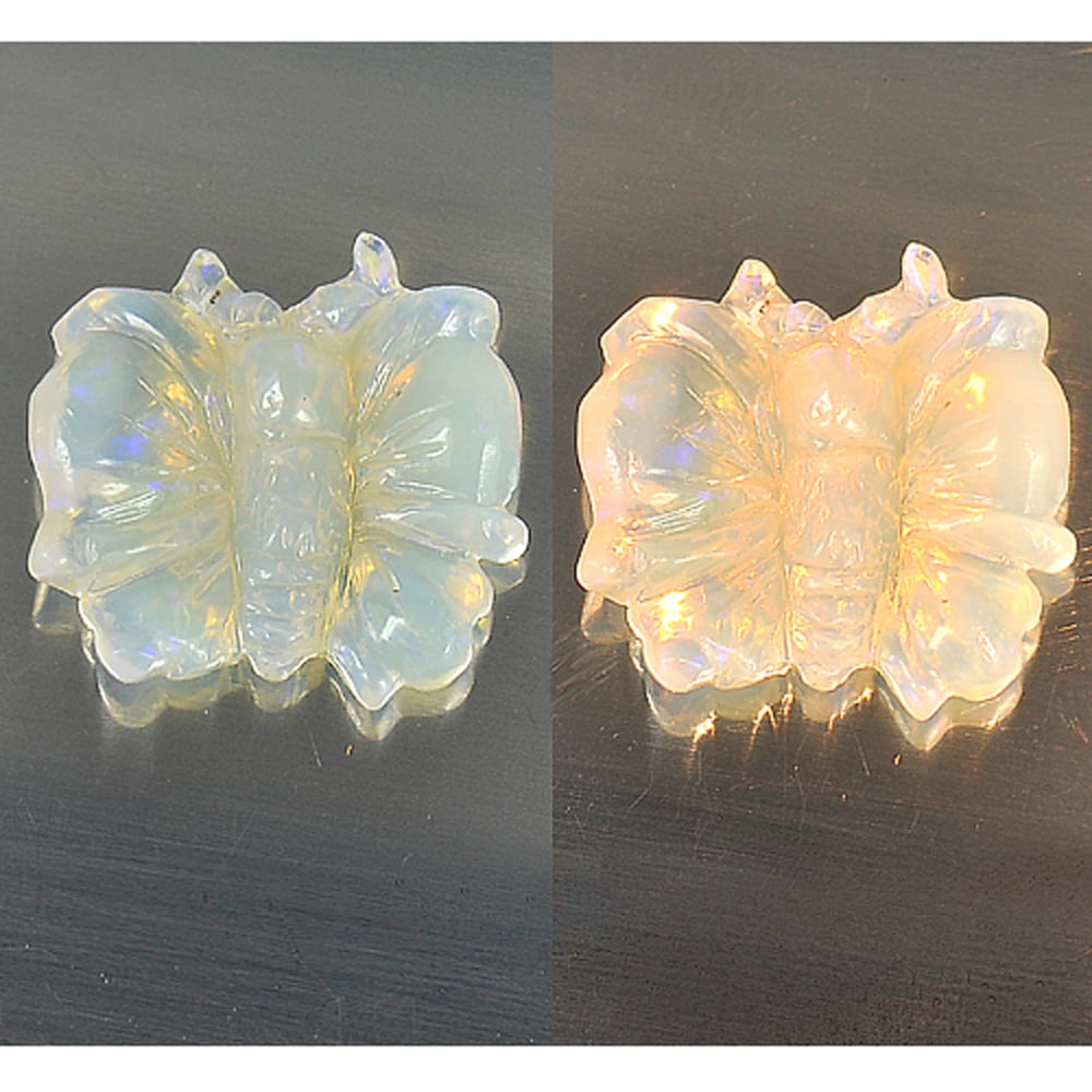 Natural Multi-Color Opal Gemstones 6.12 Ct. Carving Size 17.1 x 17.6 x 4.7 Mm.: Product ID: 818720292 Product Name: Natural Opal Carving Weight: 6.12 CT. Size: 17.1 x 17.6 x 4.7 MM. Shape: Butterfly Carving Color: Multi Color Clarity:Opaque Luster: Strong Iridescent Gems Origin: 