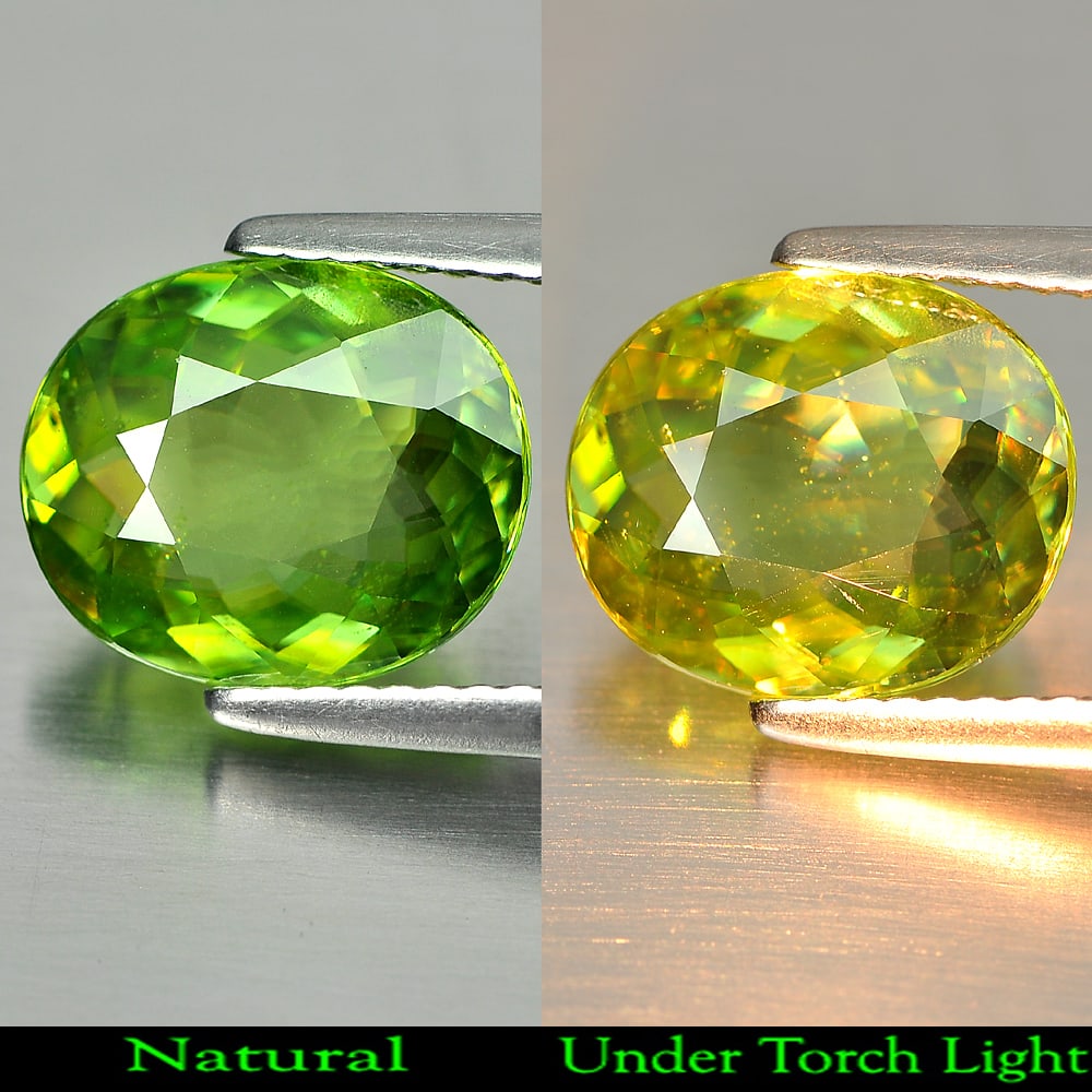 Natural Green Sphene With Rainbow Spark Gemstones 3.31 Ct. Oval Shape 10.7 x 9 Mm.: Product ID: 806507747 Product Name: Natural Sphene Weight: 3.31 CT. Size: 10.7 x 9 x 4.2 MM. Shape: Oval Color: Green With Rainbow Spark Clarity:VSI Luster: Adamantine Gems Origin: Madagascar Treatmen