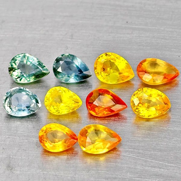 Natural Fancy Color Sapphire Gemstones 1.75 Ct. 10 Pcs. Pear Shape: Product ID: 806162718 Product Name: Natural Fancy Color Sapphire Weight: 1.75 CT. Size: 4.2 x 3 x 1.5 to 3.5 x 2.7 x 2.1 MM. Shape: Pear Shape Color: Fancy Color Clarity:VVS - VSI Luster: Very Good Ge