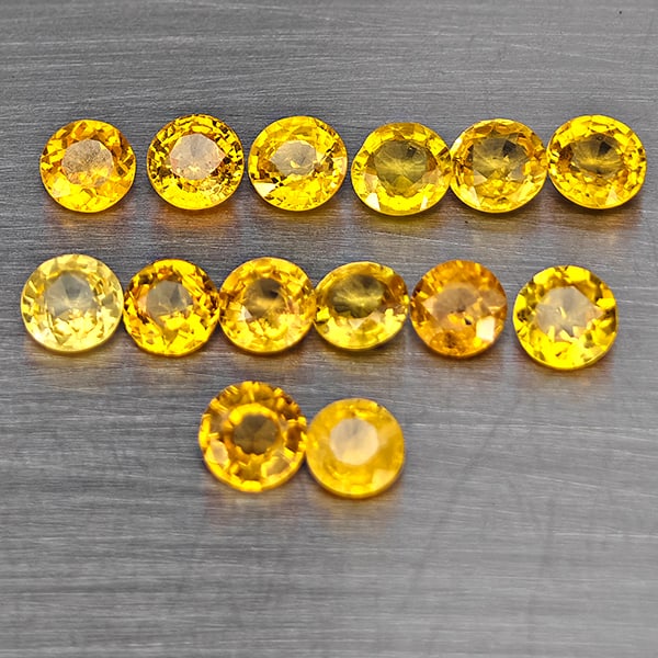 Natural Yellow Songea Sapphire Gemstones 2.43 Ct. 14 Pcs Round Shape 3.4 Mm.: Product ID: 806130453 Product Name: Natural Yellow Sapphire Weight: 2.43 CT. Size: 3.4 x 3.4 x 1.8 MM. Shape: Round Color: Yellow Clarity:VSI Luster: Good Gems Origin: Tanzania Treatment: Heated Cryst