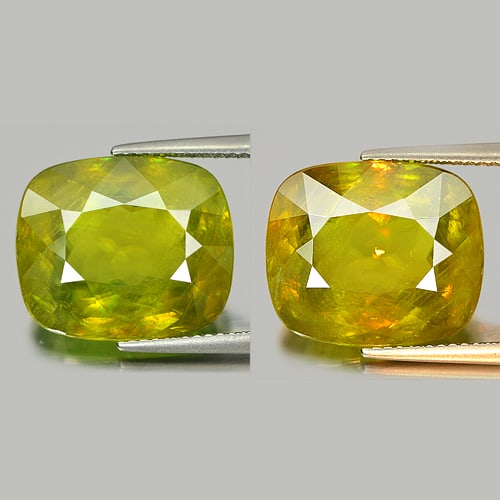 Natural Intense Green Titanium Sphene Red Spark 14.22 Ct. Cushion Shape 15.9 x 13.5 Mm.: Product ID: 806503820 Product Name: Natural Sphene Weight: 14.22 CT. Size: 15.9 x 13.5 x 7.2 MM. Shape: Cushion Color: Intense Green With Red Spark Clarity:SI Luster: Adamantine Gems Origin: Mardagasc