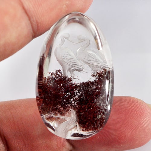 Natural Moss Quartz Carving Birds Inner 75.00 Ct. Pear Cabochon Shape (1 of 3)