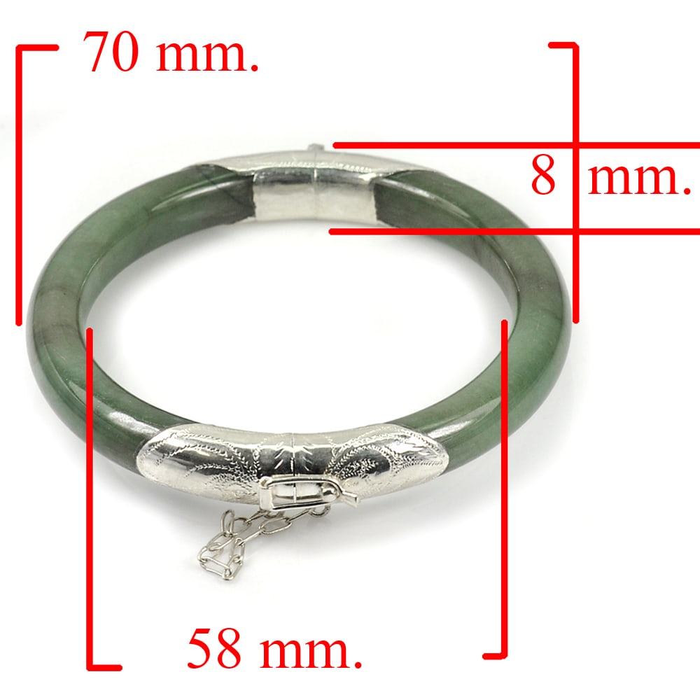 Natural Green Jade Gemstones Bangle 202.05 Ct. with Silver Diameter 58 Mm.: Product ID: 819814975 Product Name: Natural Jade Weight: 202.05 CT. Size: 70 x 58 x 8 MM. Shape: Round Cabochon Color: Green Clarity:Opaque Luster: Good Gems Origin: Thailand Treatment: Unheated Cryst