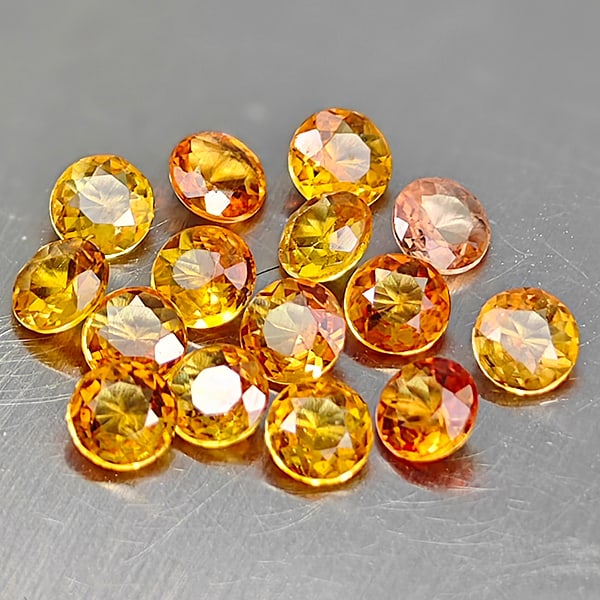 Natural Orange Yellow Songea Sapphire 1.24 Ct. 15 Pcs. Round Shape 2.8 Mm.: Product ID: 806149777 Product Name: Natural Yellow Sapphire Weight: 1.24 CT. Size: 2.8 x 2.8 x 1.5 MM. Shape: Round Color: Orange Yellow Songea Clarity:VSI Luster: Very Good Gems Origin: Tanzania Trea