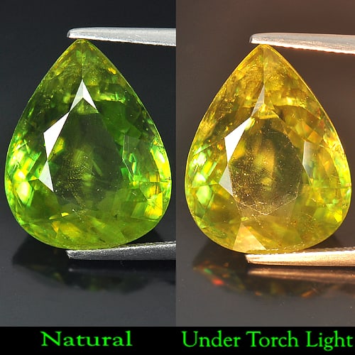 Natural Intense Green Titanium Sphene With Red Spark Pear Shape 19.15 Ct.: Product ID: 806506907 Product Name: Natural Sphene Weight: 19.15 CT. Size: 19.3 x 15.1 x 8.9 MM. Shape: Pear Color: Green With Red Spark Clarity:SI Luster: Adamantine Gems Origin: Madagascar Treatment