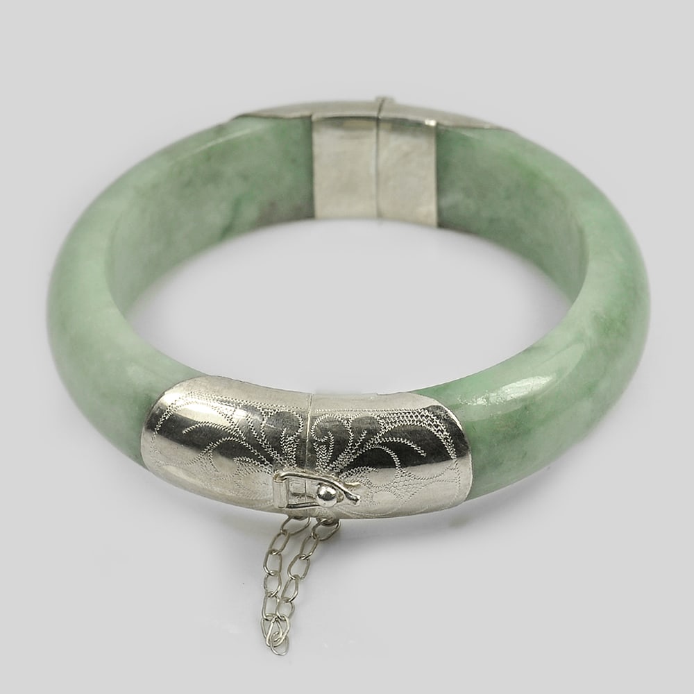 Natural Green Jade Gemstone Bangle 415.52 Ct. with Silver Diameter 60 Mm. (1 of 3)