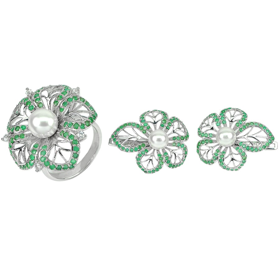 Natural Pearl and Emerald Gemstone with 925 Sterling Silver Jewelry Sets Ring Size 9 and Earrings: Product ID: 207100118 Product Name: Sterling Silver Sets Ring Earrings Product Type: 925 Sterling Silver Fine Jewelry Jewelry Weight: 21.15 Grams. Ring Size: 9 Resizable(Fee) Gemstones Color: Green , 