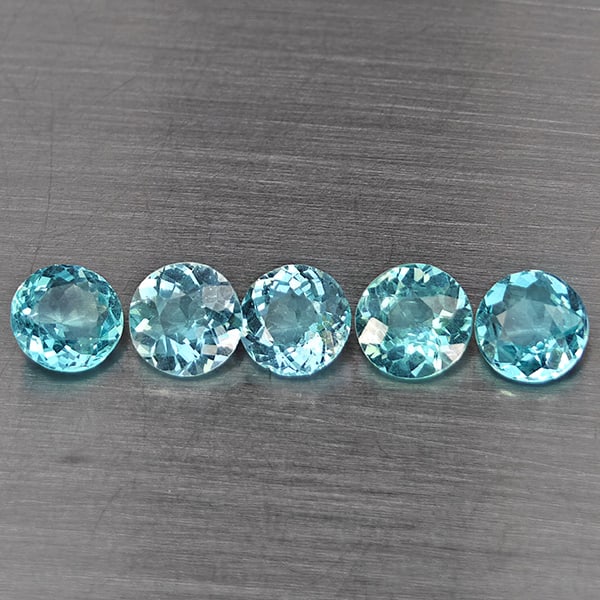 Natural Paraiba Color Apatite Gemstones 2.21 Ct. 5 Pcs. Round Shape 5 Mm.: Product ID: 800613745 Product Name: Natural Apatite Weight: 2.21 CT. Size: 5 x 5 x 2.6 MM. Shape: Round Color: Paraiba Color Clarity:SI1 Luster: Good Gems Origin: Tanzania Treatment: Unheated Crystal 