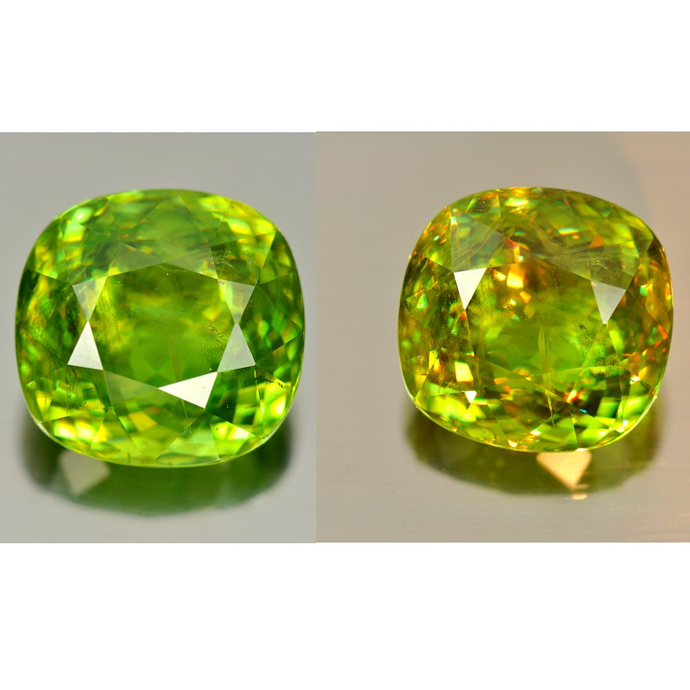 Natural Green Sphene Gemstones With Rainbow Spark Titanium 14.50 Ct. Cushion Shape 14.3 x 13.8 Mm.: Product ID: 806507472 Product Name: Natural Sphene Weight: 14.50 CT. Size: 14.3 x 13.8 x 8.7 MM. Shape: Cushion Color: Green With Rainbow Spark Clarity:VSI Luster: Adamantine Gems Origin: Madagascar T
