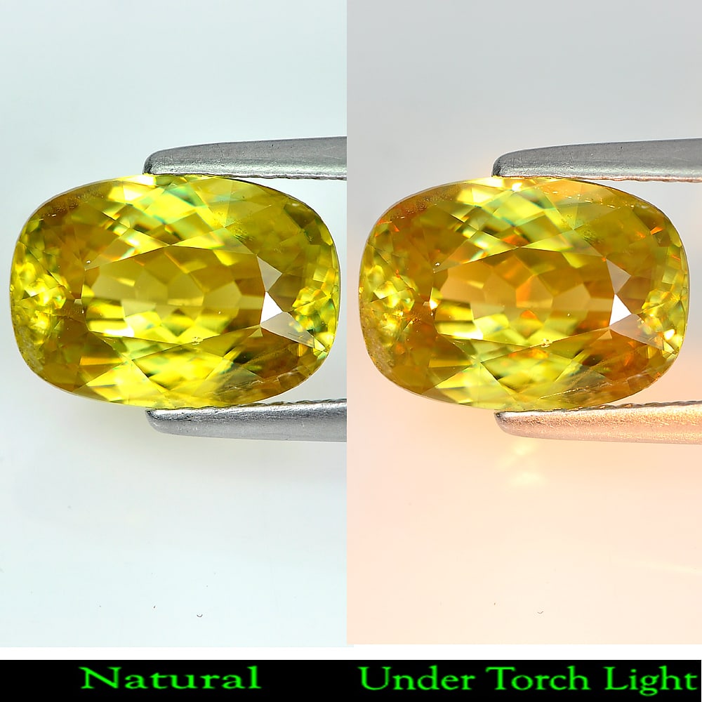 Natural Multi Color Sphene Gemstones with Rainbow Spark 4.07 Ct. Cushion Shape 11.2 x 8 Mm.: Product ID: 806507983 Product Name: Natural Sphene Weight: 4.07 CT. Size: 11.2 x 8 x 5.7 MM. Shape: Cushion Color: Multi-Color Clarity:SI Luster: Adamantine Gems Origin: Madagascar Treatment: Unheated