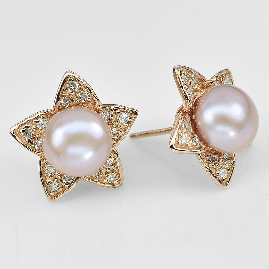Natural Pink Pearl with 925 Sterling Silver Earrings Jewelry Rose Gold Plated 5.34 Grams: Product ID: 207100842 Product Type: 925 Sterling Silver Fine Jewelry Jewelry Weight: 5.34 Grams. Gemstones Color: Pink Metal: Solid Silver 92.5%. Gemstone Detail: Center: 8.6 x 8.6 Mm. Round Cabochon 