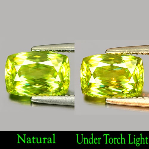 Natural Intense Green Sphene Gemstones Red Spark 2.19 Ct. Cushion Shape 9.2 x 6.4 Mm.: Product ID: 806505261 Product Name: Natural Sphene Weight: 2.19 CT. Size: 9.2 x 6.4 x 4 MM. Shape: Cushion Color: Intense Yellowish Green With Rainbow Spark Clarity:VVS Luster: Adamantine Gems Origin: