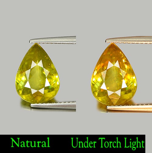 Natural Yellowish Green Sphene Gemstones 4.30 Ct. Pear Shape 12.4 x 9.2 Mm.: Product ID: 806506480 Product Name: Natural Sphene Weight: 4.30 CT. Size: 12.4 x 9.2 x 5.5 MM. Shape: Pear Color: Yellowish Green With Rainbow Spark Clarity:VSI Luster: Adamantine Gems Origin: Madagas