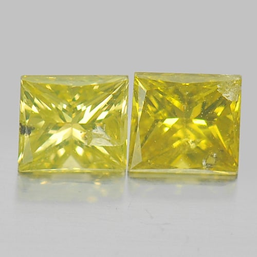 Natural Yellow Loose Diamond 0.34 Ct. 2 Pcs. Square Princess Cut 3.2 Mm.: Product ID: 802102961 Product Name: Natural Enhanced Diamond Weight: 0.34 CT. Size: 3.2 x 3.2 x 2.2 MM. Shape: Square Princess Cut Color: Yellow Clarity:VSI Luster: Scintillating Gems Origin: Belgium 