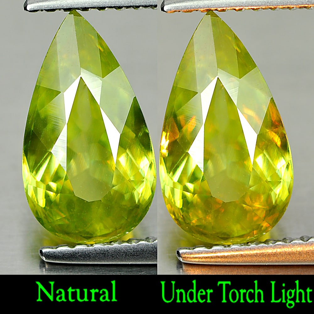 Natural Yellow Green Sphene Gemstones With Rainbow Spark 2.06 Ct. Pear Shape 11.4 x 6.5 Mm.: Product ID: 806507784 Product Name: Natural Sphene Weight: 2.06 CT. Size: 11.4 x 6.5 x 4.1 MM. Shape: Pear Color: Yellow Green With Rainbow Spark Clarity:VSI Luster: Adamantine Gems Origin: Madagascar