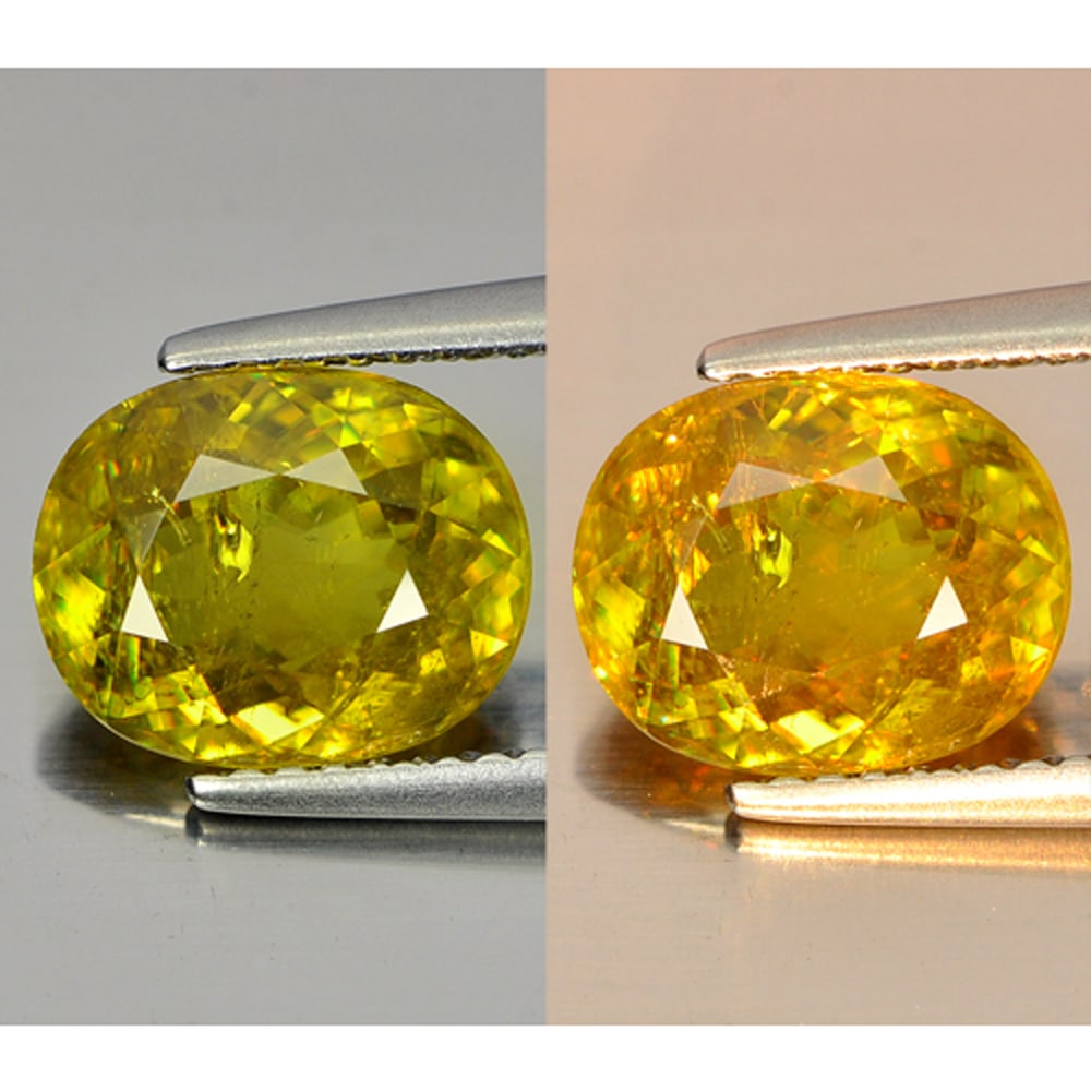 Natural With Rainbow Spark Multi Color Sphene Gemstone 2.87 Ct. Oval Shape: Product ID: 806506301 Product Name: Natural Sphene Weight: 2.87 CT. Size: 9.5 x 7.6 x 4.7 MM. Shape: Oval Color: Multi-Color Clarity:SI1 Luster: Adamantine Gems Origin: Madagascar Treatment: Unheated 