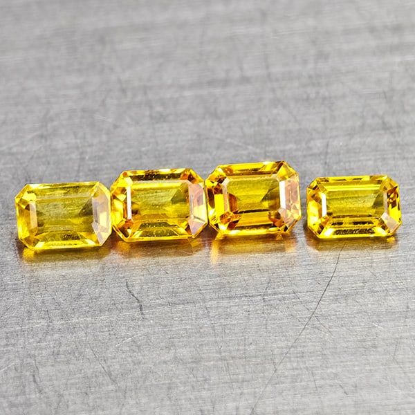 Natural Yellow Sapphire Gemstones 0.98 Ct. 4 Pcs. Octagon Shape 4 x 2.7 Mm.: Product ID: 806162018 Product Name: Natural Yellow Sapphire Weight: 0.98 CT. Size: 4 x 2.7 x 2.7 MM. Shape: Octagon Color: Yellow Clarity:VSI Luster: Good Gems Origin: Sri - Lanka Treatment: Heated Cr